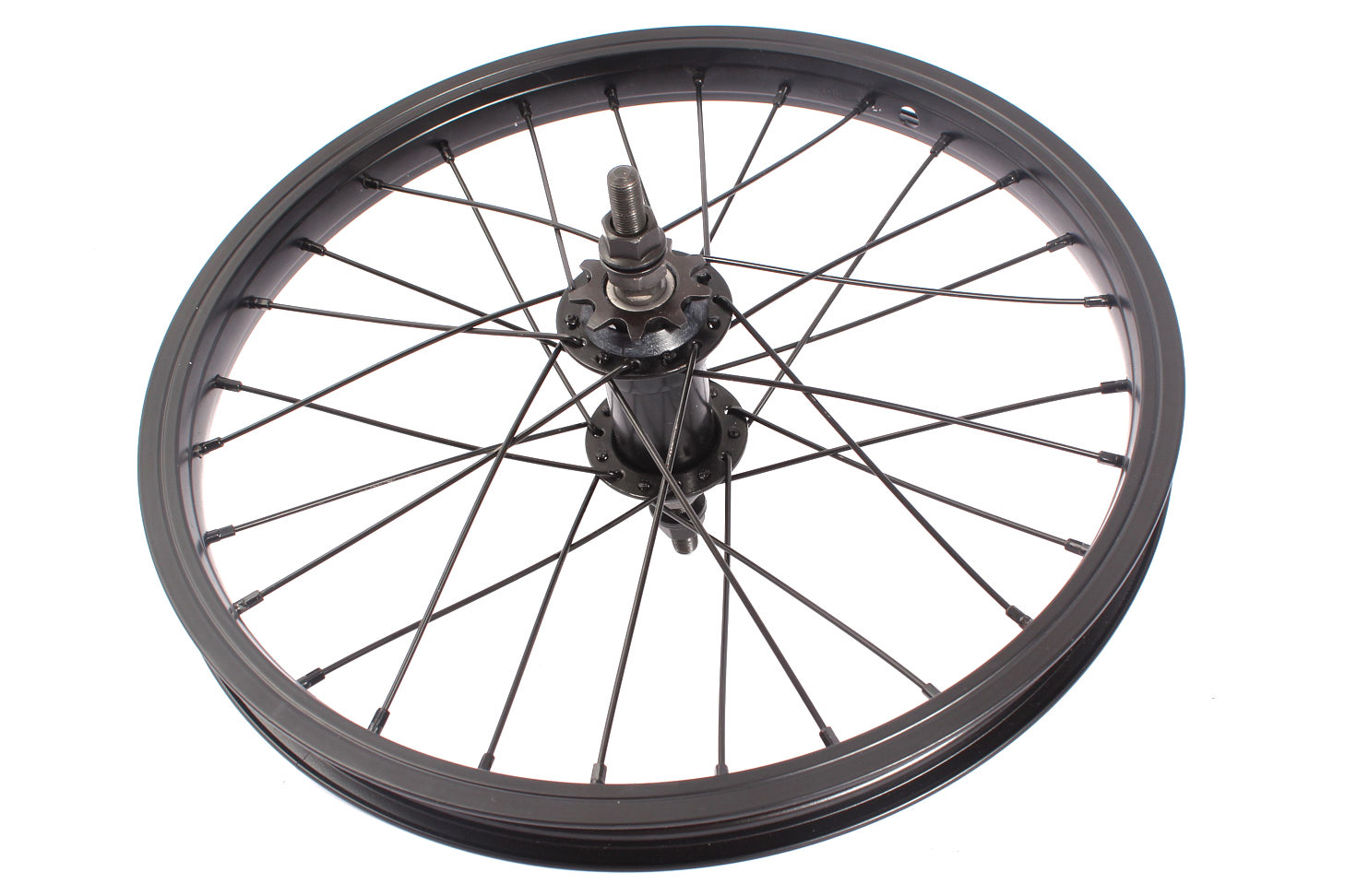 Hinteres Laufrad in Schwarz mit 28 Speichen und 180mm langer Achse 