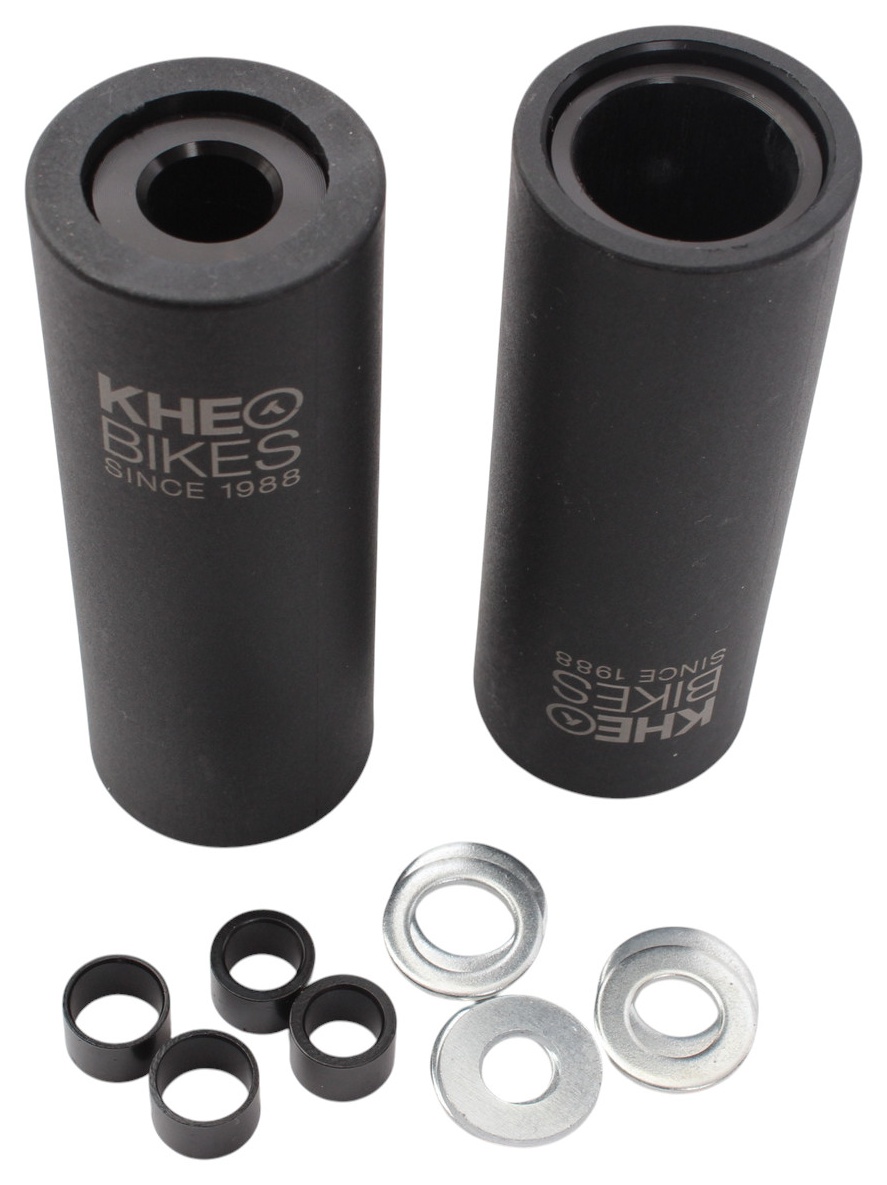 BMX Pegs KHE 2ND PRO PAAR, passend für 10 mm, 12 mm und 14 mm Achsen, inkl. Adapter und U-Scheiben, Länge 110 mm, Durchmesser 40 mm, Aluminiumkern mit Polycarbonat-Hülle, Gewicht 298 g (Paar), Farbe Schwarz, KHE Laser Logo, Einsatzbereich Grinds, BMX Free