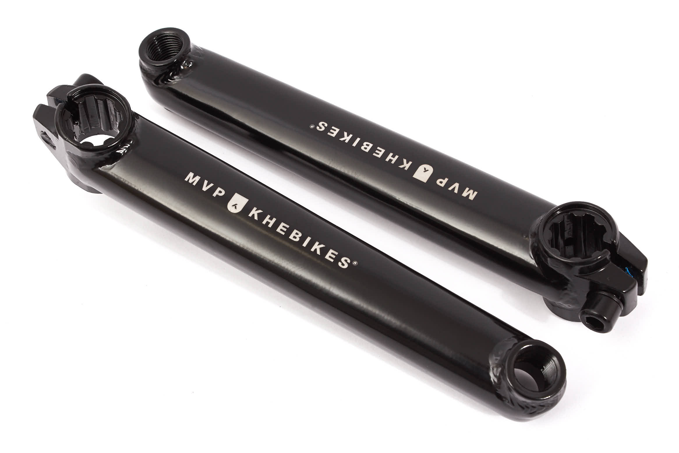 Schwarze 170mm Kurbelarme mit weißer MVP KHEBikes Aufschrift Schwarze 170mm Kurbelarme mit weißer MVP KHEBikes Aufschrift