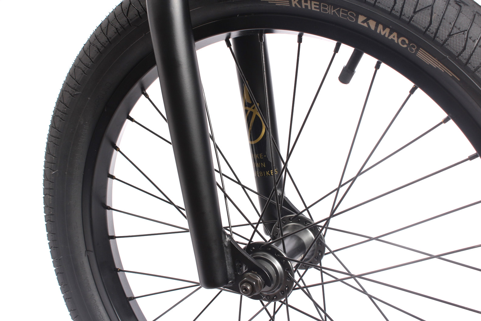 Nahansicht Vorderrad schwarz mit schwarzer Rahmengabel Outlet N2: BMX bike KHE STRIKEDOWN PRO 20 inch 21.4lbs